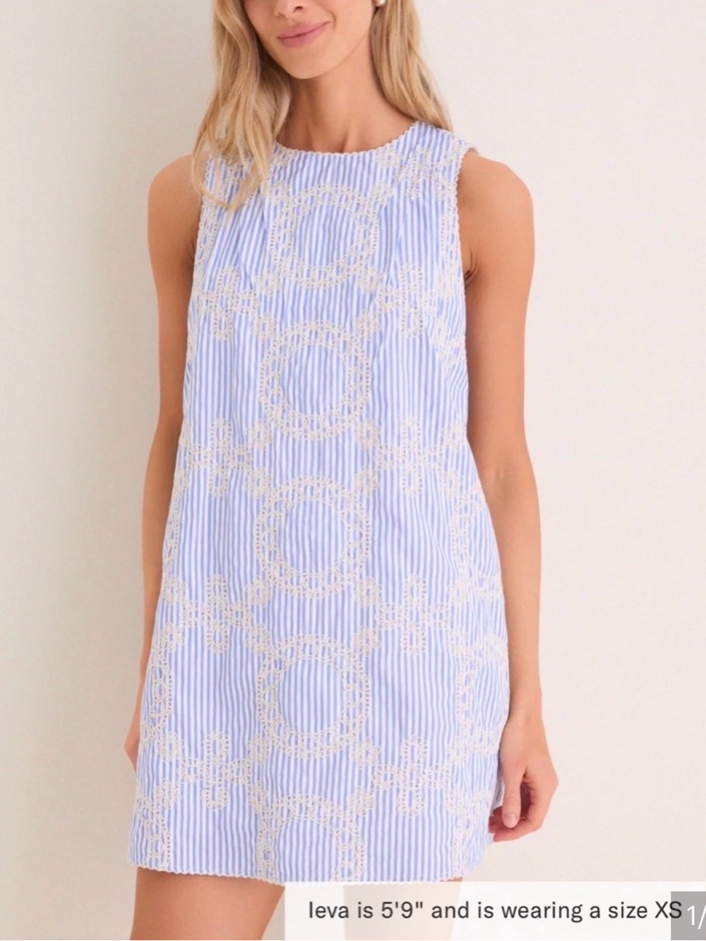 English Factory Light Blue & White Sleeveless Shift Dress with Lace Motif